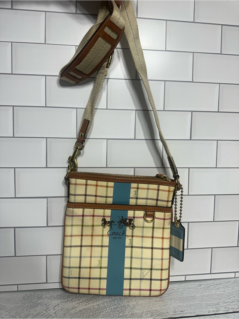 Coach Cream Plaid Crossbody with Teal Center Stripe
